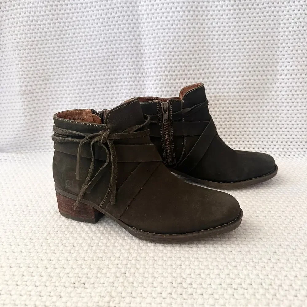 Born Dark Green Olive Suede Montilla Ankle Faux Wrap Inner Zipper Boots 6.5